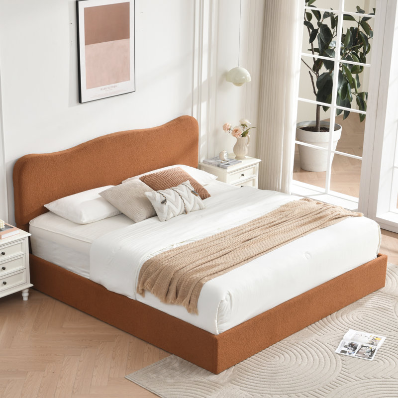 Lit plateforme tapissier Bensu Boucle, Très grand, Brun