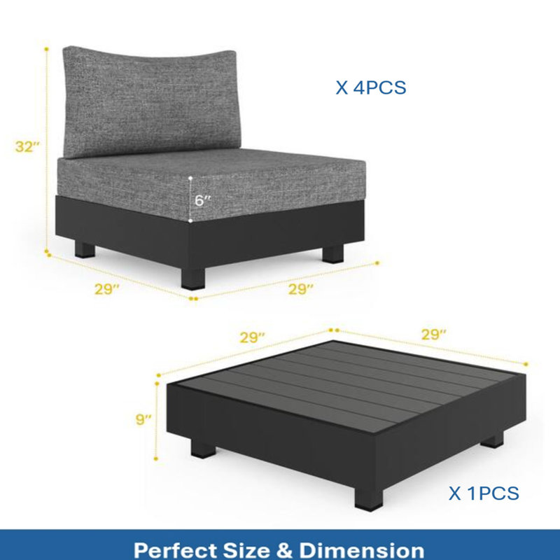 Ensemble modulaire de patio 5 pièces en aluminium gris avec chaises modulaires et table basse