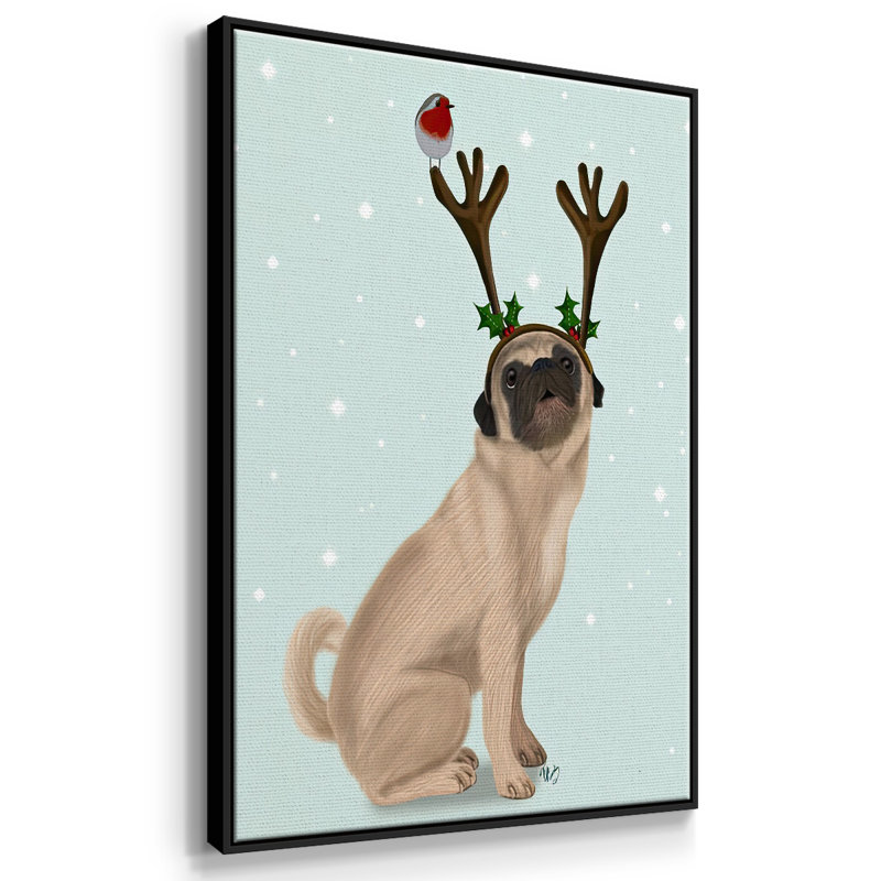 Christmas Pug With Antlers And Robin, Black, 41" H x 27" W x 1.5" D