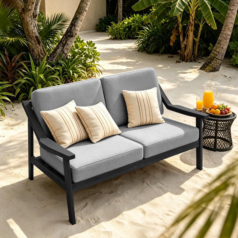 Causeuse d'extérieur en bois de teck avec coussin et accoudoirs Marlo, Gris, Noir