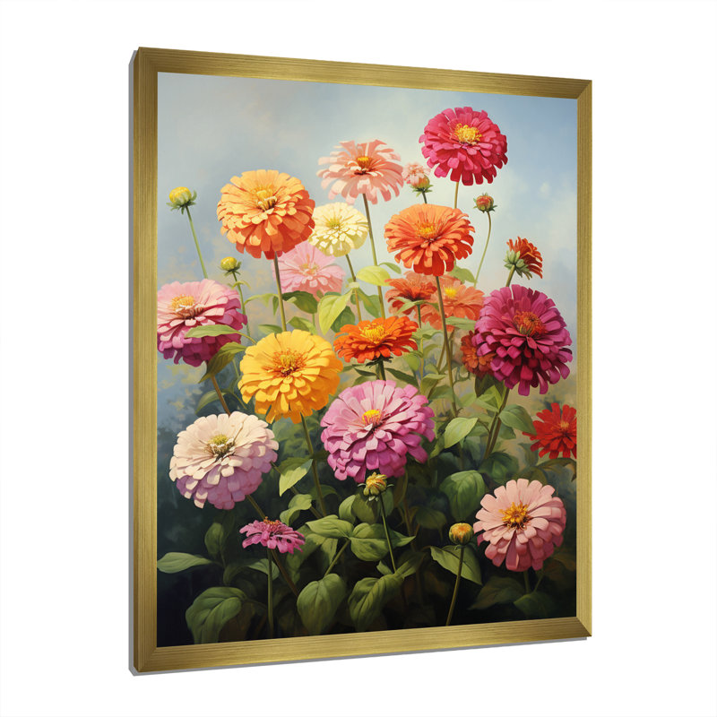 Zinnias Romantic Impression, reproduction d'art sur toile, Cadre doré à une seule photo, H 40 po x l 30 po x P 1,5 po