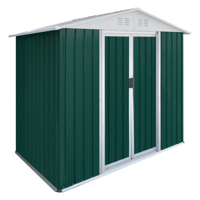 6 pi L 4 pi. D Remise à outils extérieure avec toit Apex, cadre en alliage d'aluminium vert et porte coulissante (24 pieds carrés)