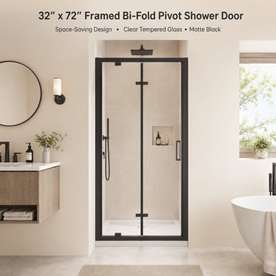 32" W x 72" H Framed Bi-Fold Pivot Shower Door with 1/4" Clear Tempered Glass, Reversible Installation, Matte Black
