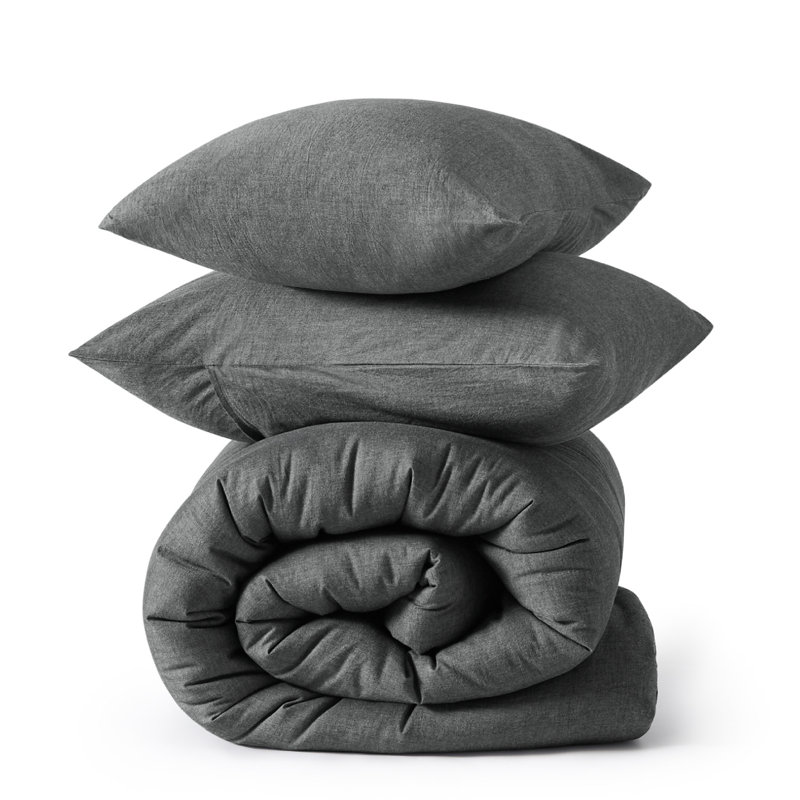 Bedsure Cotton Fabric With Microfiber Inner Fill Comforter Set, Dark Gray, Queen Comforter with 2 Pillowcases