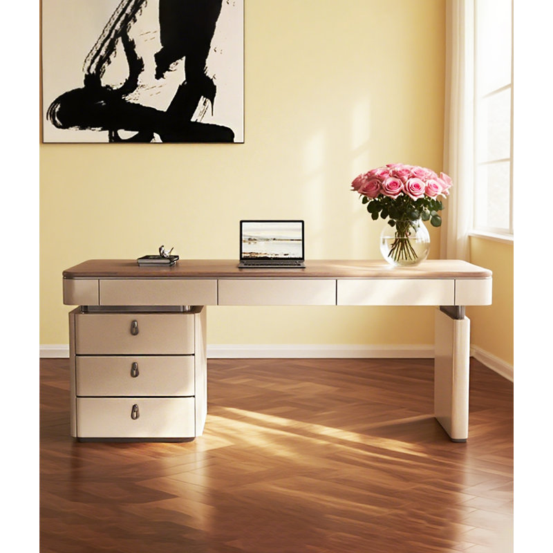 Bureau en bois massif clair de luxe avec tiroirs, H 29,53 po x l 62,99 po x P 23,62 po