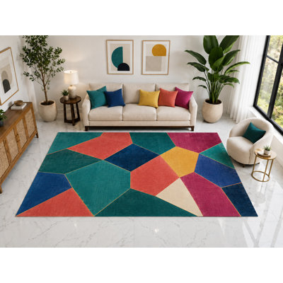 "Ultra Thin" Large 6'7" x 9'10" Geometric Polygon Area Rug, Soft Low Pile Indoor Rug, Non-Slip Silicone Backing, Living Room