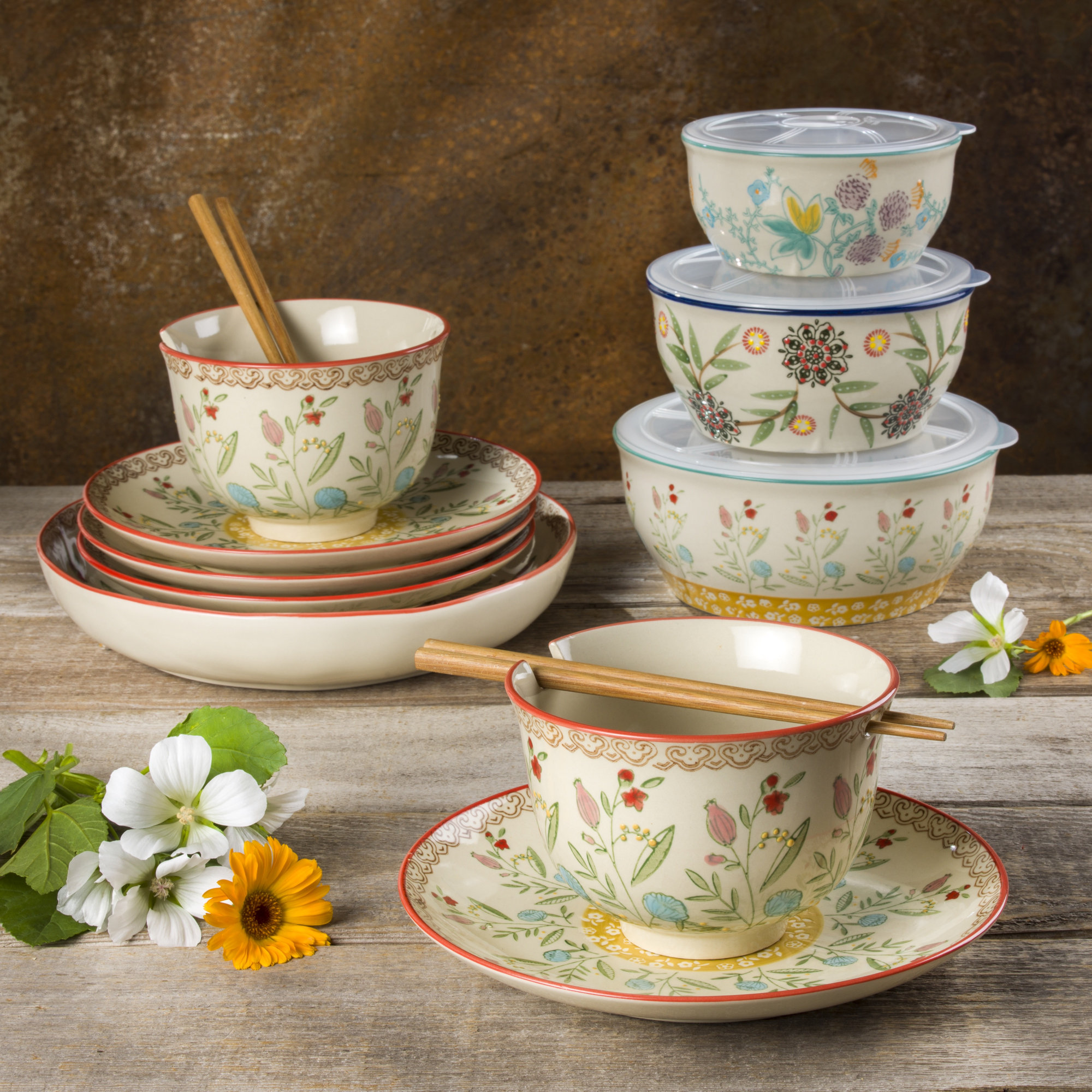 Ella 4 Piece Ramen Bowl and Dinner Bowl in Red (Service for 2)