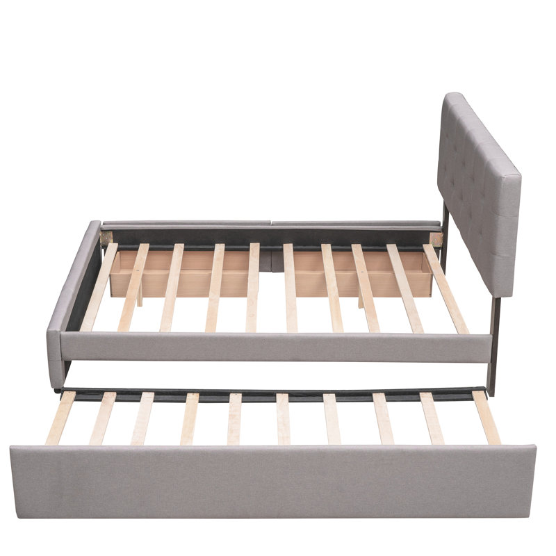 Upholstered Platform Bed With 2 Drawers And Twin Xl Trundle In Delicate Gray Storage- &, Full, Light Gray