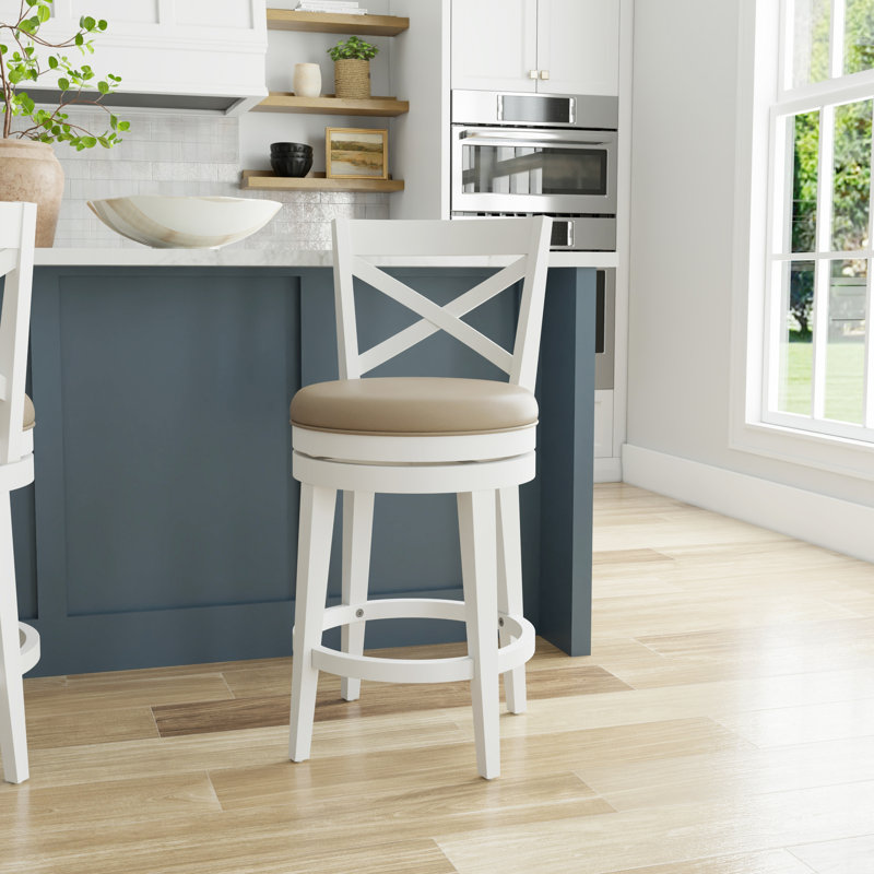 Ewan Swivel Upholstered Counter Stool with Solid Wood Frame, White, Counter Stool  (26.25" Seat Height)