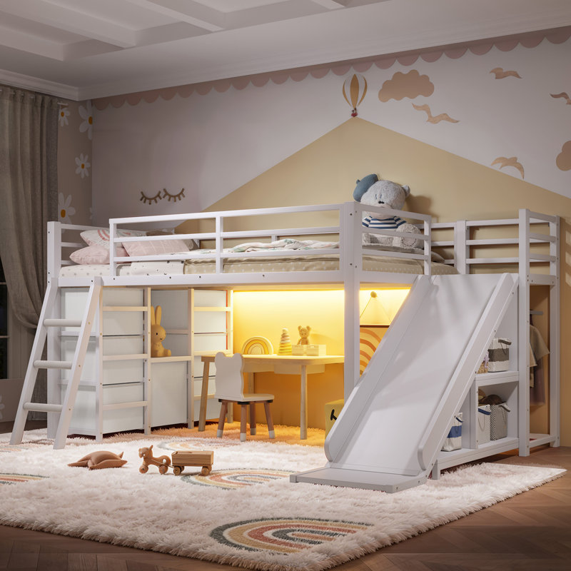 Lit mezzanine en métal pour une personne avec glissade, échelle, tiroirs de rangement, garde-robe et bande DEL pour enfants et adolescents, blanc