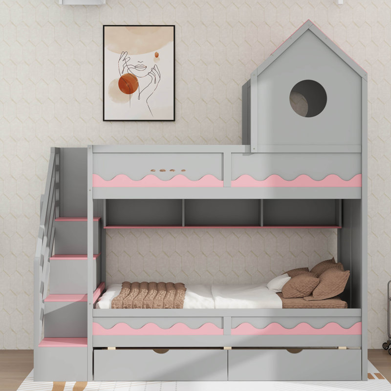 Lit superposé simple au-dessus de simple avec tiroirs et tablettes de rangement, éclairage DEL, Gris