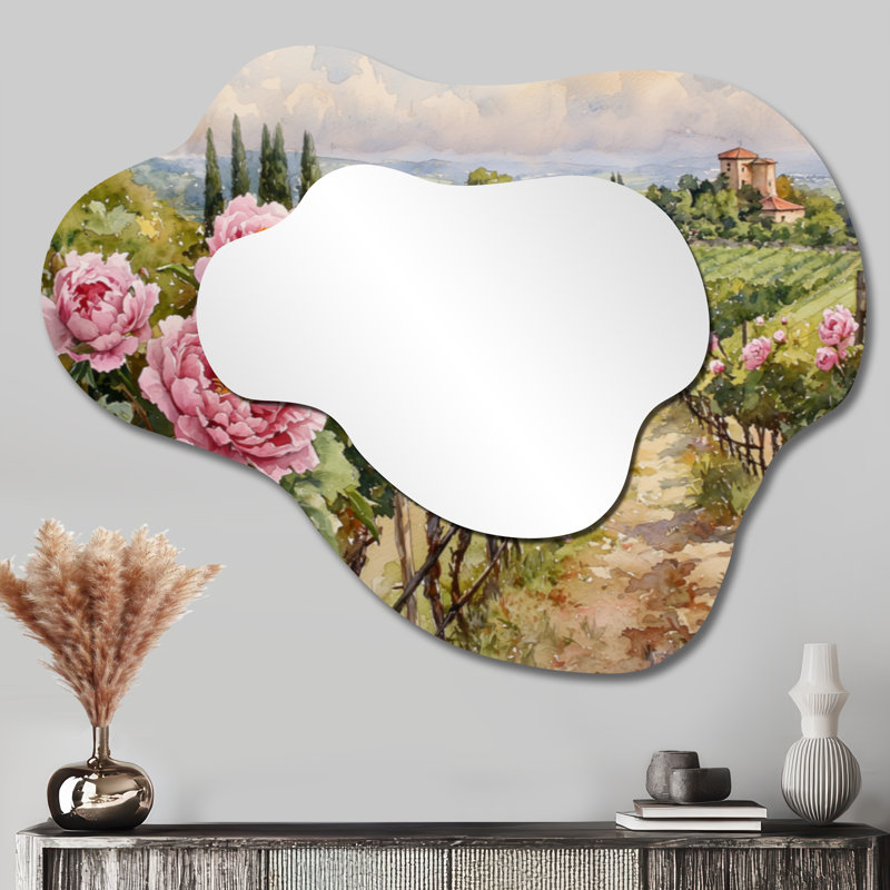 Peonies le long du vignoble I - miroir mural décoratif de pivoines, miroir de coiffeuse traditionnel, imprimé sur métal