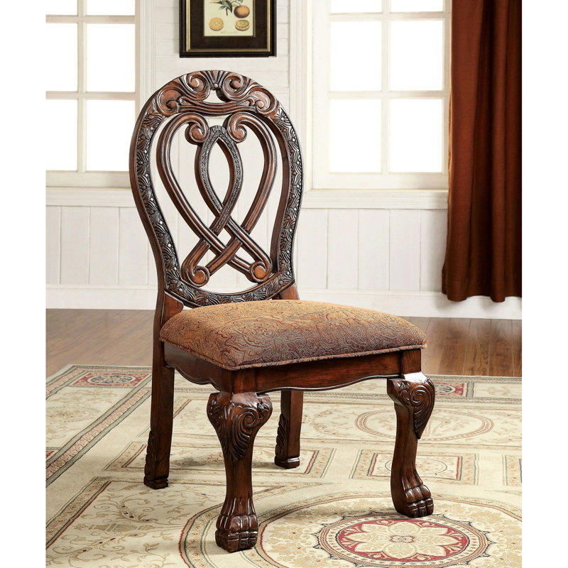 Chaises de salle à manger de luxe traditionnelles et luxueuses, 2 pièces, en bois massif de cerisier avec détails complexes et siège en tissu