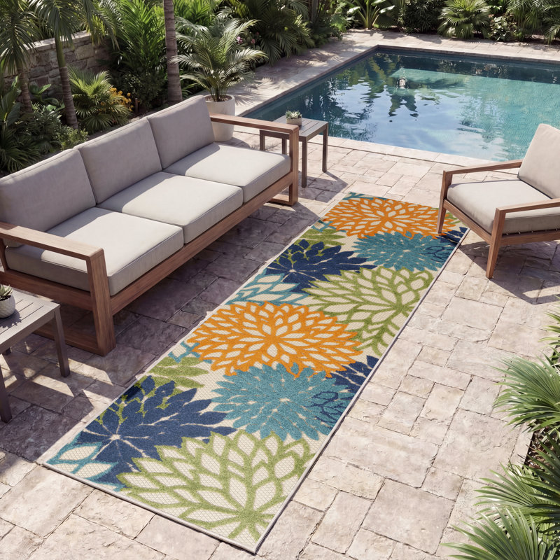 Alsaedi Floral Green/Blue/Orange Indoor/Outdoor Area Rug, Runner 2'3" x 12'