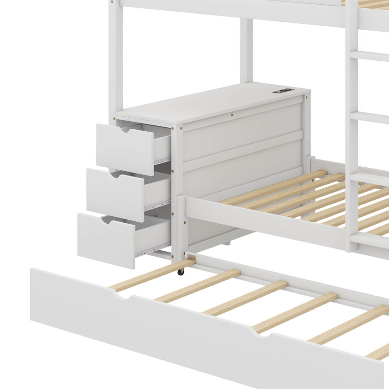 Un lit superposé avec un lit gigogne supplémentaire inclus, Lit superposé simple sur simple, Blanc