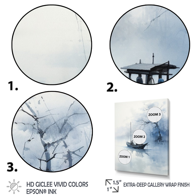 Art asiatique, bateau bleu - impression, Toile encadrée noire simple, H 20 po x l 12 po x P 1 po