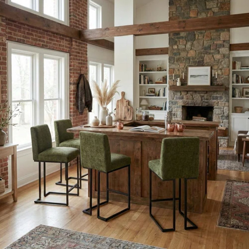 25" Counter Height Upholstered Bar Stools With Textured Fabric Seats And Black Metal Base, Green