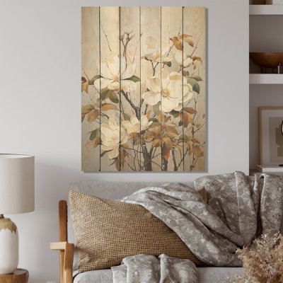 Mélodie douce de magnolia beige - Magnolias, art mural sur bois de pin naturel