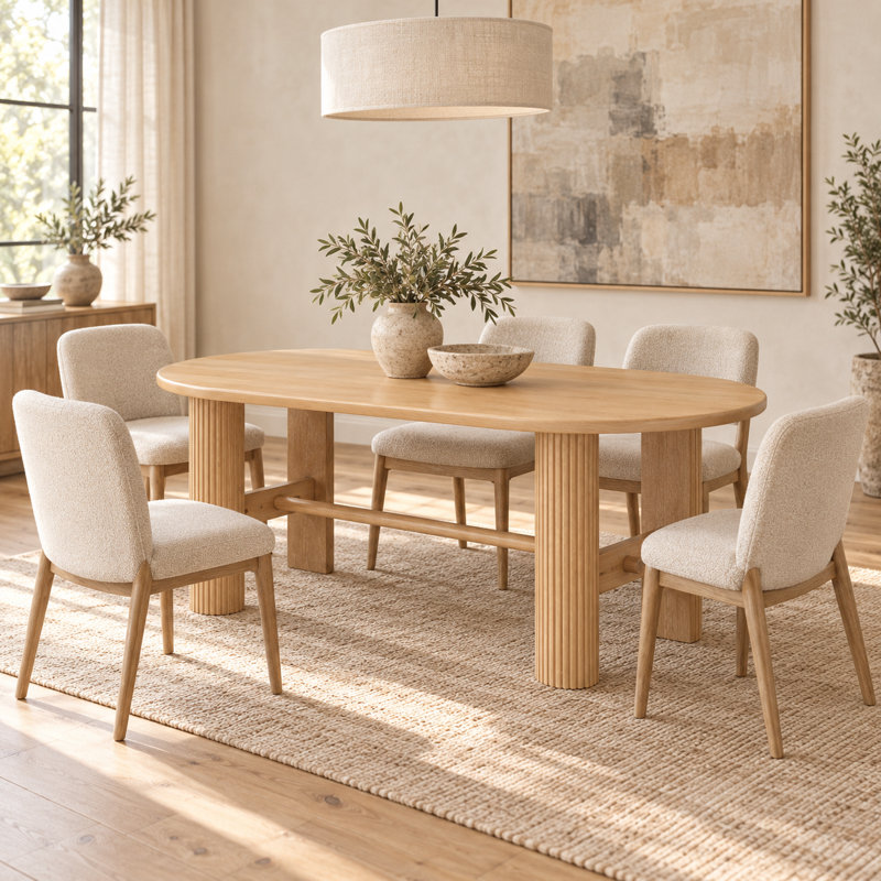 Ensemble de salle à manger ovale 7 pièces pour 6 personnes avec table en placage de chêne de 184 cm et 6 chaises rembourrées, table à double piétement cannelé, naturel