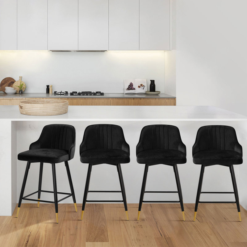 Swivel Velvet Upholstered Counter & Bar Stool With Solid Metal Frame, Black, 2, Counter Stool (65cm Seat Height)
