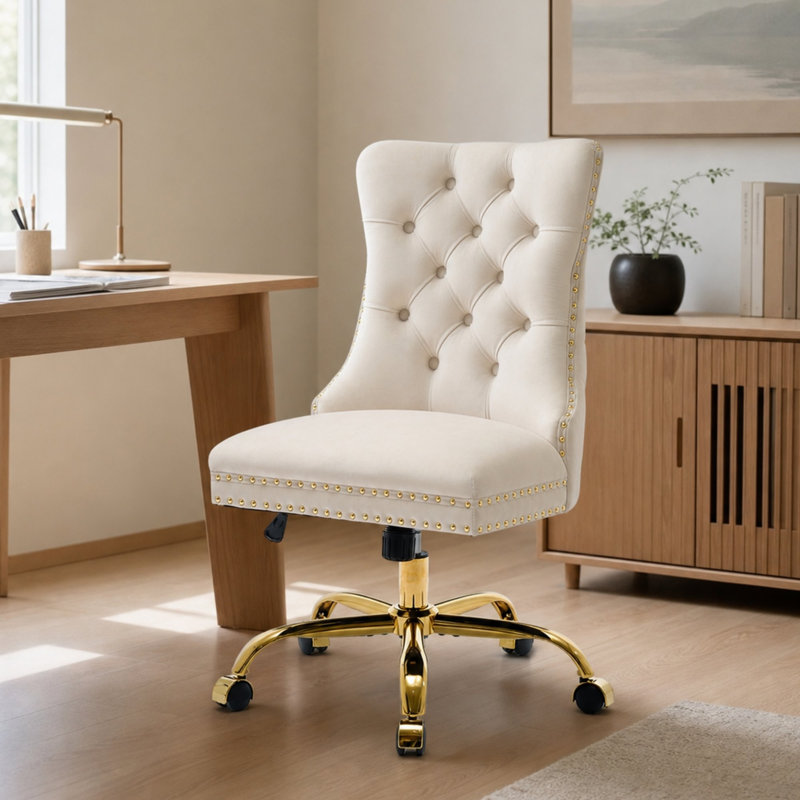 Chaise de bureau moderne en velours capitonné avec base en métal, chaise de bureau pivotante ajustable, Blanc, Blanc