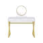 Meuble-lavabo blanc et doré d'aspect rectangulaire, poignée en cristal, structure en métal, plateau à bijoux avec miroir inclus, 2 tiroirs de rangement avec bureau coulissant au centre