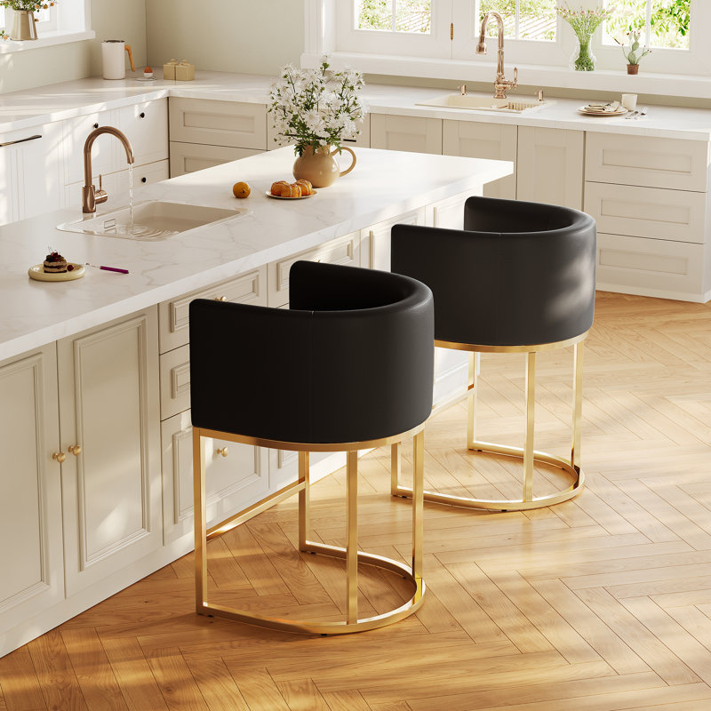 Tabouret de bar moderne, tabourets de bar à hauteur de comptoir, cuir de polyuréthane noir avec pieds en métal doré, Doré