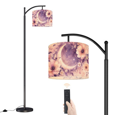 Arched Floor Lamp Floral Crescent Moon Watercolor Flowers Butterfly 62.6" Tall Modern Standing Lamp, LED Linen Drum Shade, 3 Color Temperature, Remote & Foot Switch Control for Living Room Bedroom Reading Nook