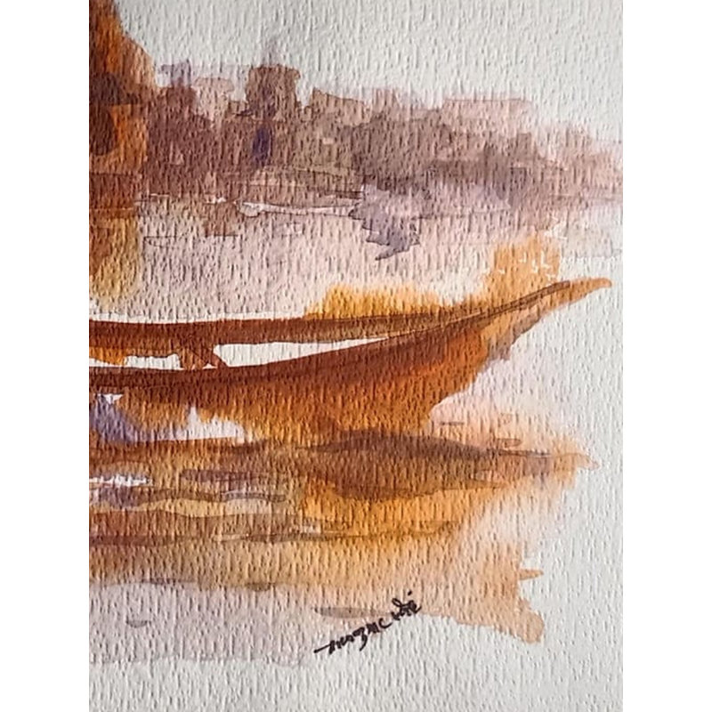 Bateau flottant dans la rivière | Aquarelle sur papier | Par Raj Kumar Singh