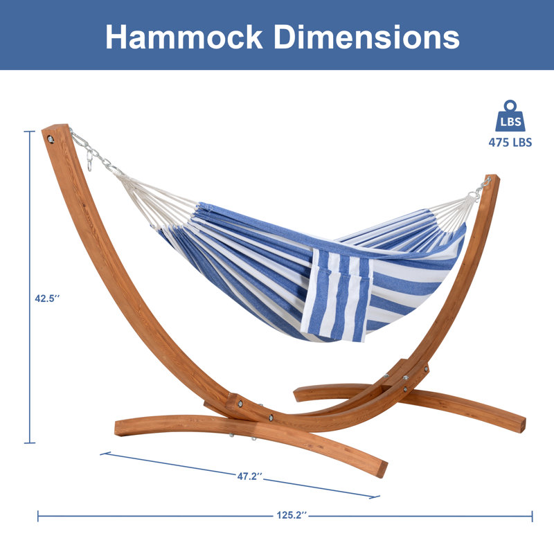 Hamac d'extérieur avec support en bois, Rayé bleu / blanc