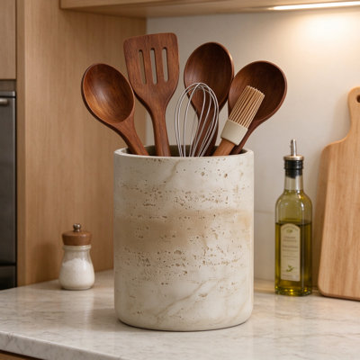 Porte-ustensiles de cuisine en travertin naturel, grand pot à ustensiles en résine lourde pour comptoir de cuisine, base en silicone antidérapante, anti-rayures, beige