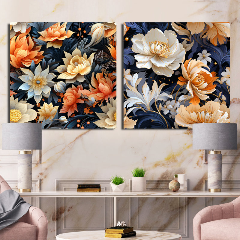 Beige éthéré Elegance Floral Blooms - ensemble de collage carré floral de 2, Toile tendue, H 16 po x l 33 po