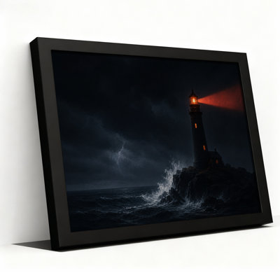 Art sur toile, "Phare avec poutre rouge au-dessus de l'océan orageux"
