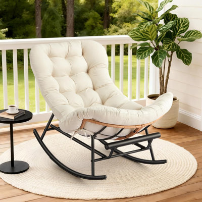 Oversized Rattan Rocking Chair Footstool Set, with Extendable Footrest, Detachable Dark Grey Flannel Cushion, Indoor Egg Lounge for Bedroom, Living Room, Porch, Garden, Lawn