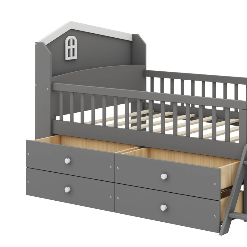 Structure de lit simple avec grande capacité de rangement - Comprend 4 tiroirs et une échelle, gris