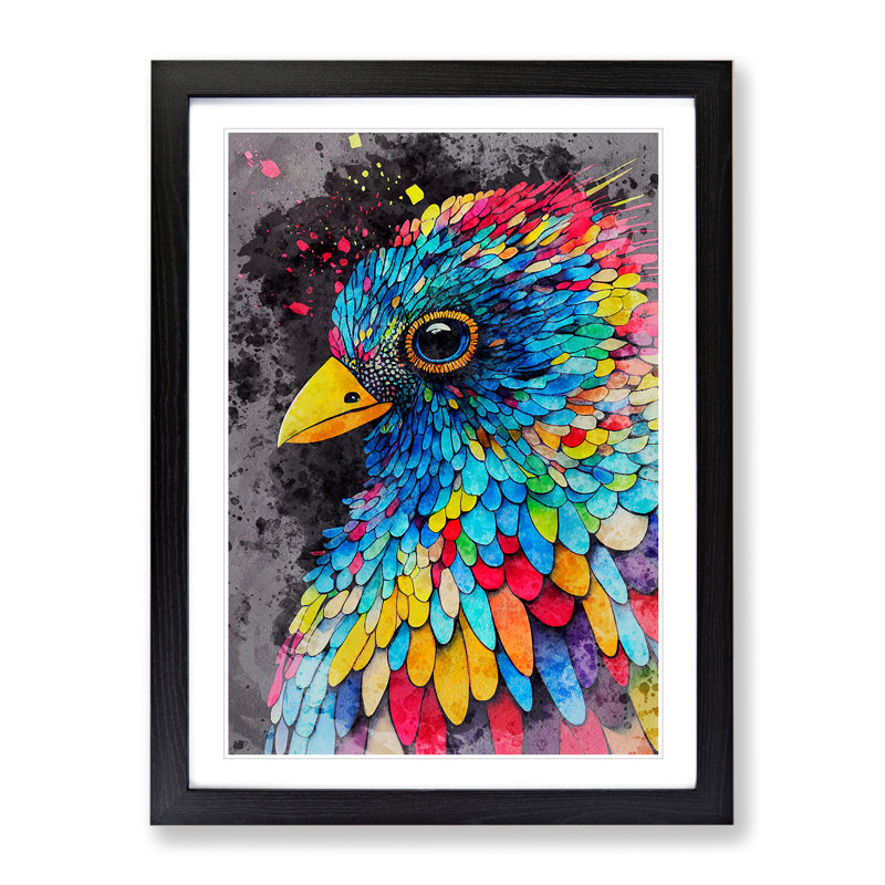 Bird Paint Drips No.2 - Wall Art, Black Framed, 66cm H x 48cm W x 2cm D, White