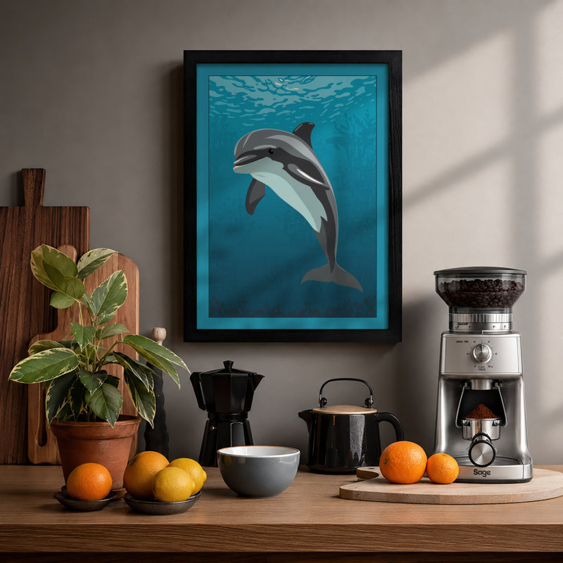 Dolphin In Open Water Coastal - Print, A1 - 84.1 x 59.4 cm, Black