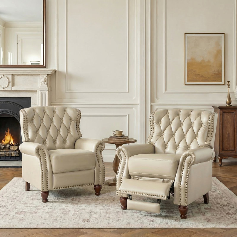 Amaira 34.5'' Wide Genuine Leather Manual Wing Chair Recliner (Set of 2), Beige 