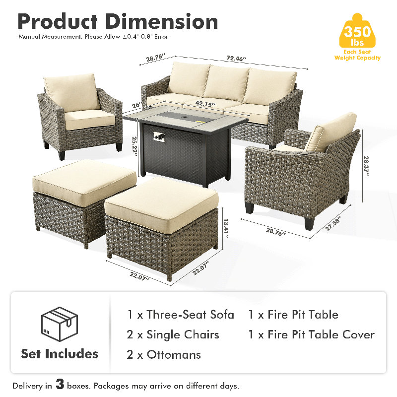 Harbin Wicker Rattan 7 - Person Outdoor Seating Group With Fire Pit Table, Armchairs And Ottomans, Beige
