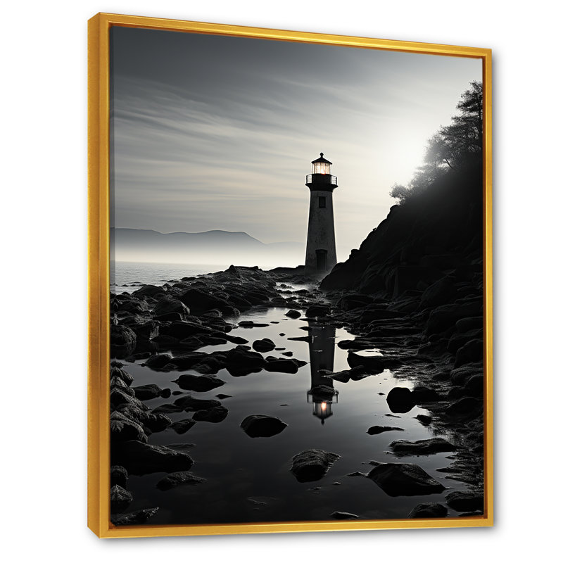Phare, paysage d'imitation sur toile, Cadre flottant doré, 44" H x 34" W