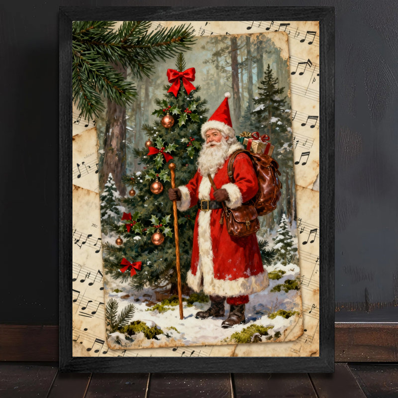 Art mural rétro noir avec père Noël et arbre de Noël, impressions de style rétro, H 17 po x l 13 po