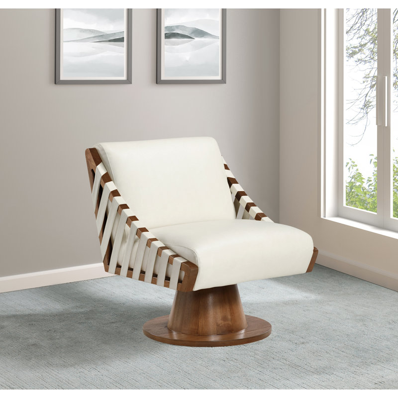 Quinton Vegan Leather Swivel Accent Chair, Cream Vegan Leather, Walnut