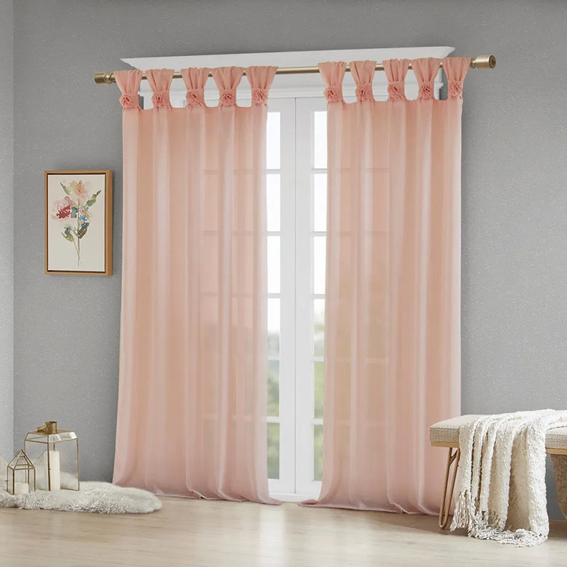 Tissu de rideau uni à bordure florale avec poignets et boucle (1 pièce seulement), Rose, l 50" x L 84"