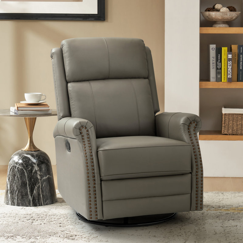 Anouschka 30.5" Wide Swivel Rocking Genuine Leather Manual Recliner, Gray Genuine Leather