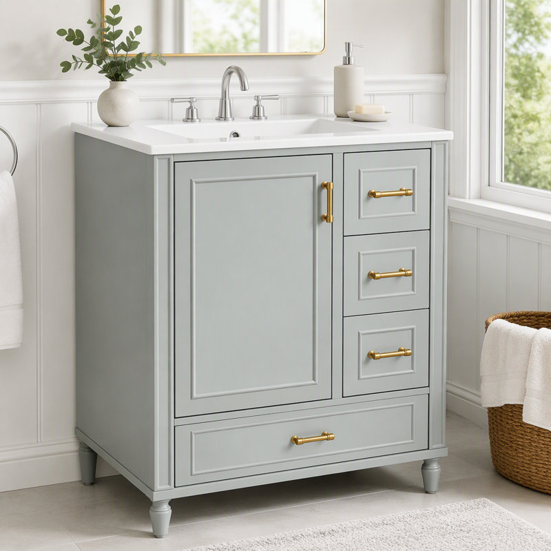 Meuble-lavabo moderne de 24 po avec lavabo en céramique, porte à fermeture douce, 3 tiroirs, poignées dorées et support de porte pour un rangement peu encombrant