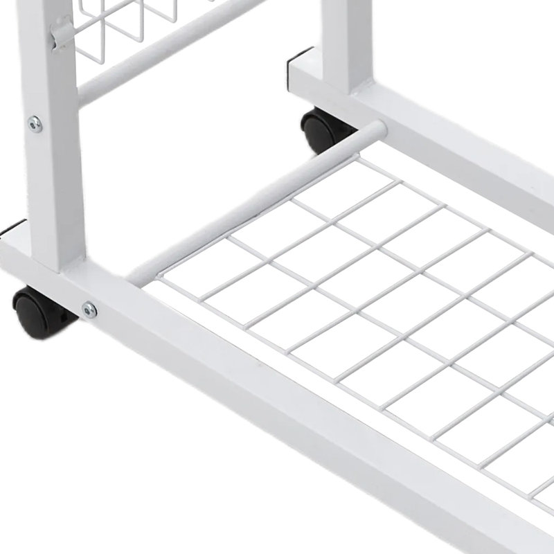 Industrial Adjustable Overbed Desk with Wire Basket, Cream/White