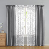 Morgan 4-Piece Grey Geometric Sheer Rod Pocket Curtain Panel Set, 28" x 84"