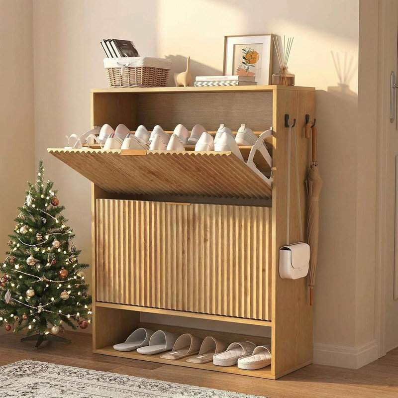 20 Pair Shoe Storage Cabinet, Natural Wood