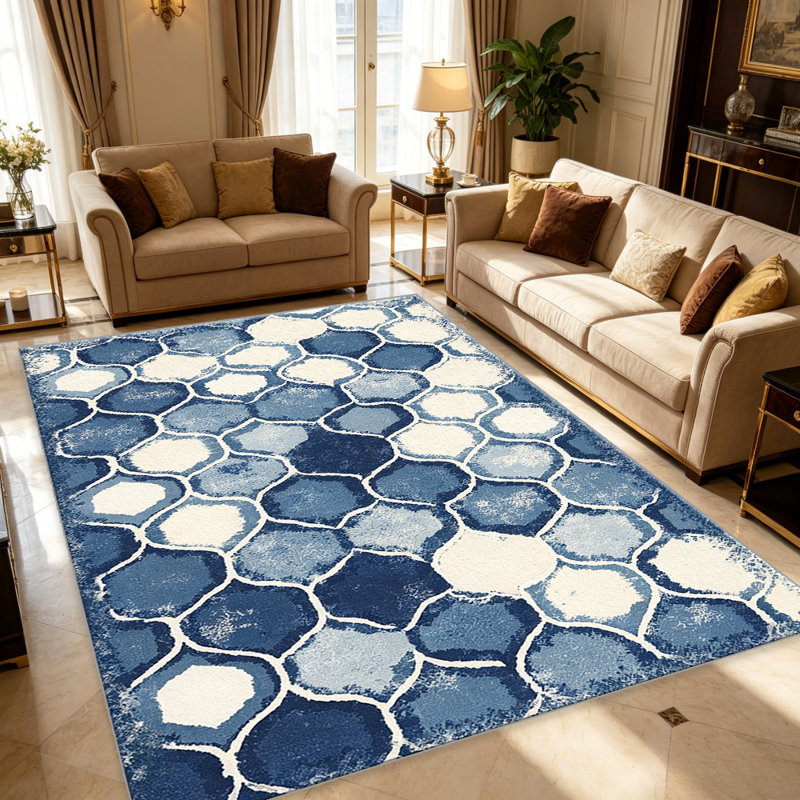 Watercolor Honeycomb Blue carpet-easy to clean, machine-washable, soft and comfortable; suitable for door mats, kitchens, living rooms, bedrooms, corridors, and laundry areas. Easy to clean, durable carpet for home decoration.