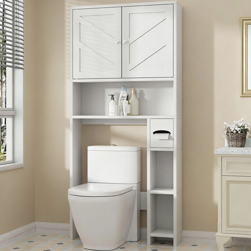 Armoire de rangement au-dessus de la toilette avec tablettes réglables et portes de grange, organisateur d'économie d'espace de salle de bain avec porte-papier hygiénique, conception imperméable et anti-basculement
